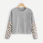 Romwe Leopard Print Sleeve Marled Pullover