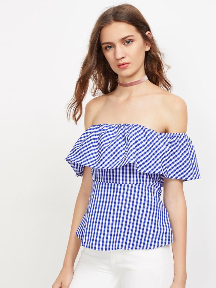 Romwe Flounce Layered Neckline Gingham Crop Top