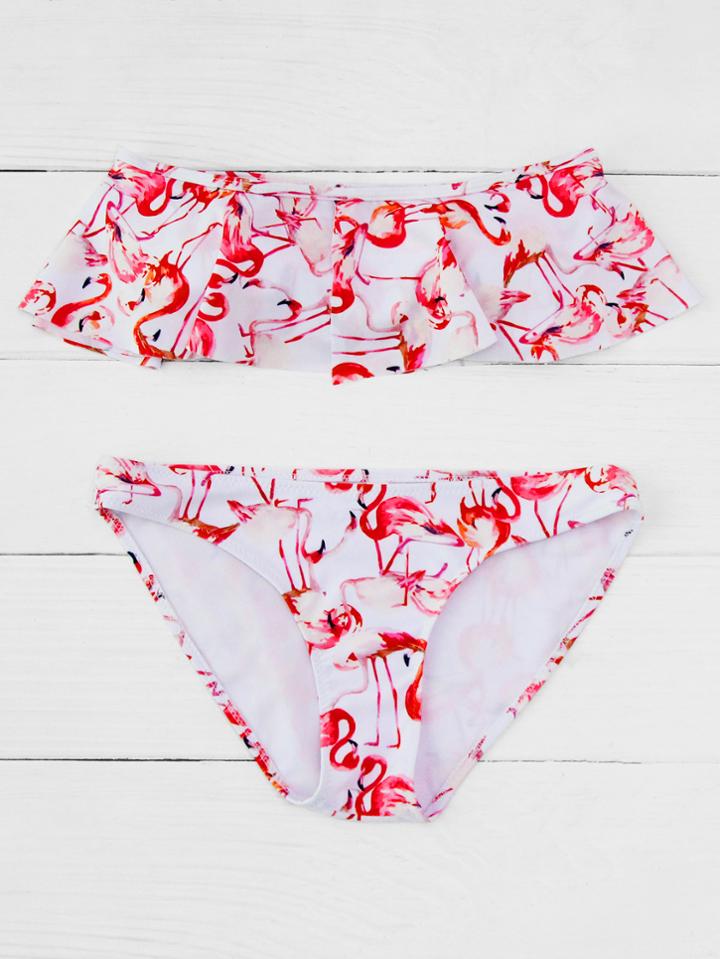 Romwe Flamingo Print Off The Shoulder Bikini Set