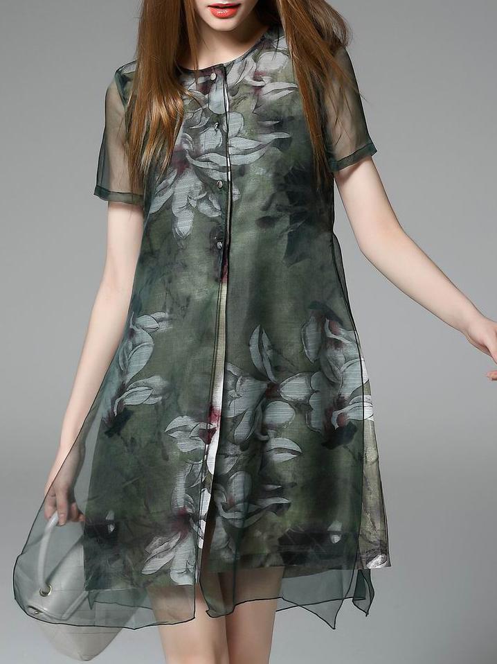 Romwe Green Crew Neck Print Shift Dress