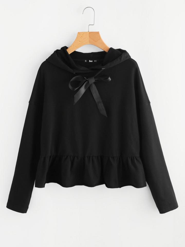 Romwe Ribbon Drawstring Detail Frilled Hem Hoodie