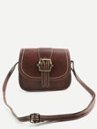 Romwe Vintage Brown Buckled Pu Topstitch Shoulder Bag
