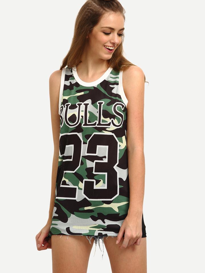 Romwe Varsity Print Camouflage Mesh Tank Top