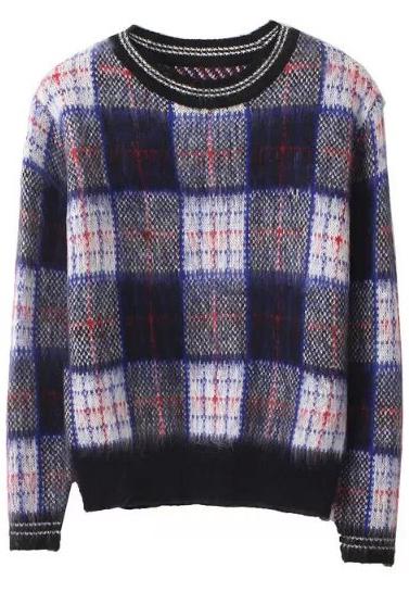 Romwe Blue Long Sleeve Plaid Crop Sweatshirt