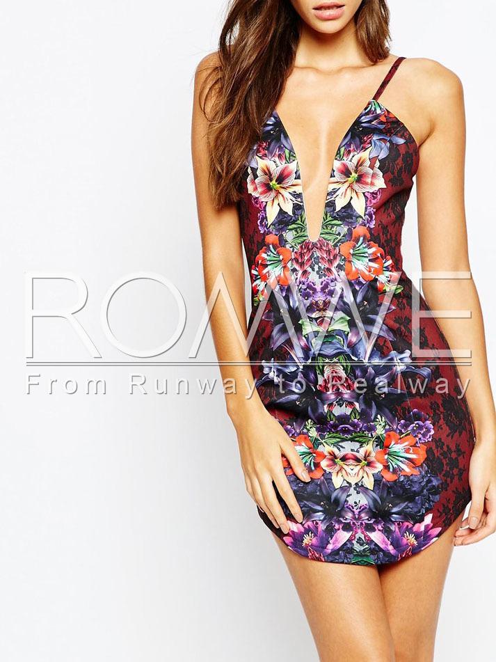 Romwe Multicolor Spaghetti Strap Floral Bodycon Dress