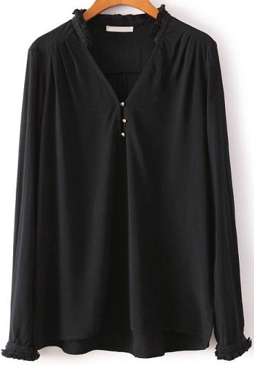 Romwe Lace Embellished Black Blouse