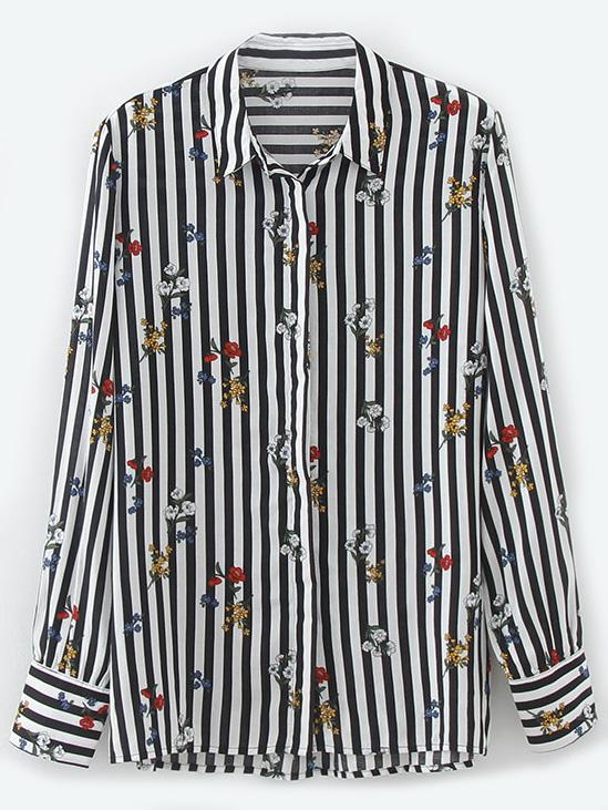 Romwe Black And White Vertical Striped Flower Print Blouse