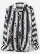 Romwe Black And White Vertical Striped Flower Print Blouse