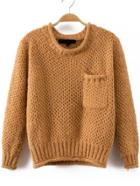 Romwe Round Neck Pocket Knit Khaki Sweater