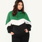 Romwe Plus Zip Placket Color Block Chevron Sweatshirt