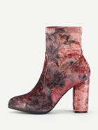 Romwe Flower Print Block Heeled Ankle Boots