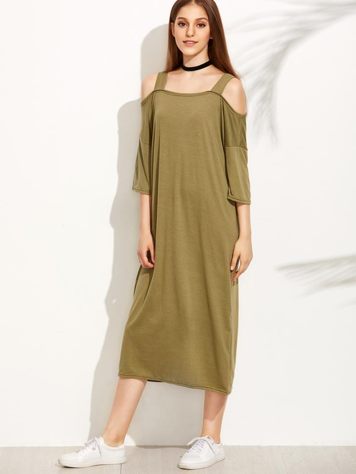 Romwe Green Cold Shoulder Shift Dress