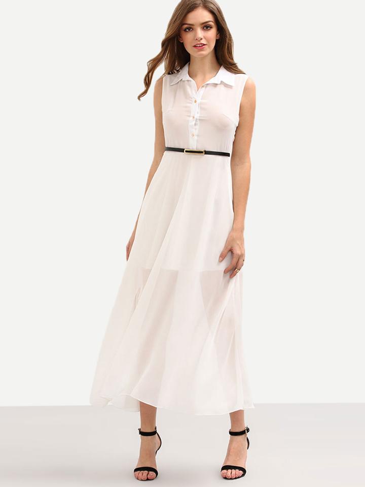 Romwe Belted Sleeveless Chiffon Shirt Dress - White