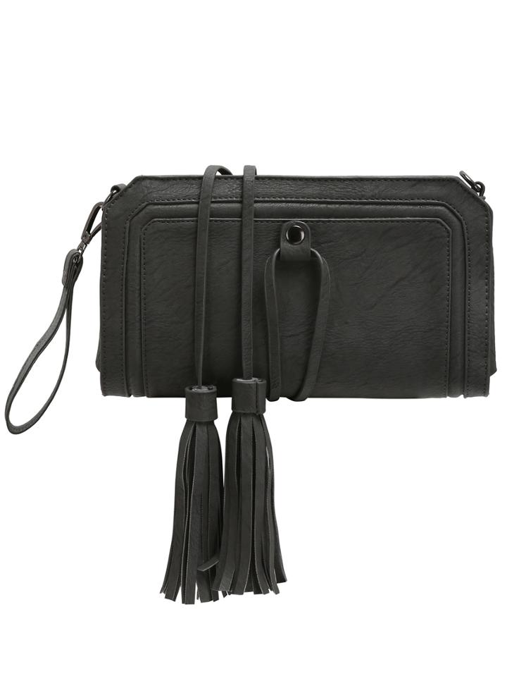 Romwe Grey Pu Tassel Strap Zipper Bag