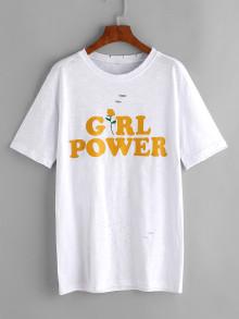 Romwe Rose And Letter Print Ripped Tee