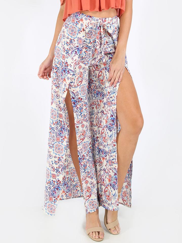 Romwe Multicolor Print Split Tie Waist Pants