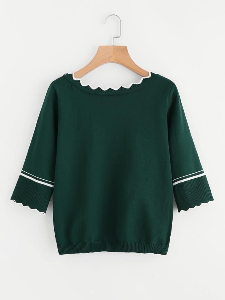 Romwe Contrast Scallop Trim Striped Sleeve Knit Sweater