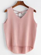 Romwe Pink V Neck Lace Up Curved Knitted Tank Top