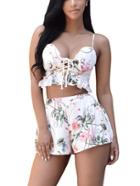 Romwe Spaghetti Strap Florals Lace Up Top With Elastic Waist Shorts