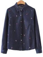 Romwe Navy Lapel Heart Embroidery Button Blouse