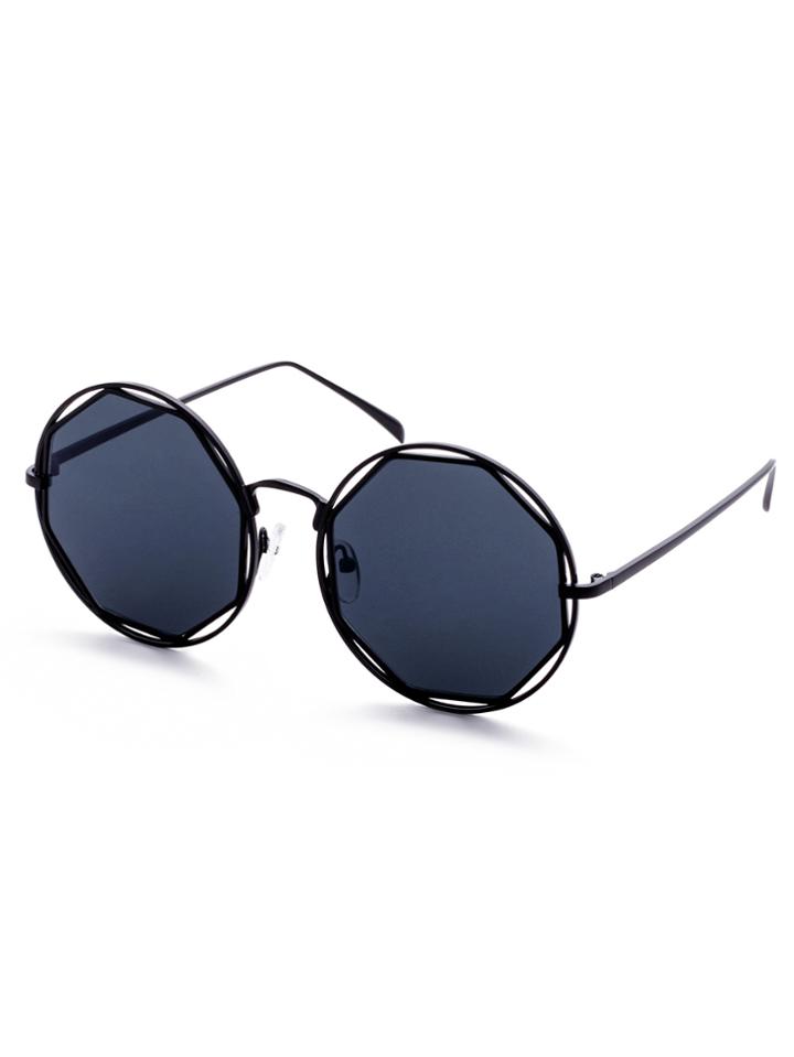 Romwe Black Frame Geometric Lens Hollow Out Sunglasses