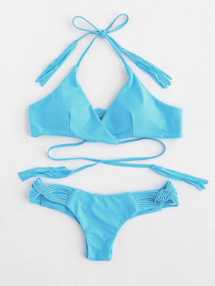 Romwe Woven Strap Ruched Detail Bikini Set