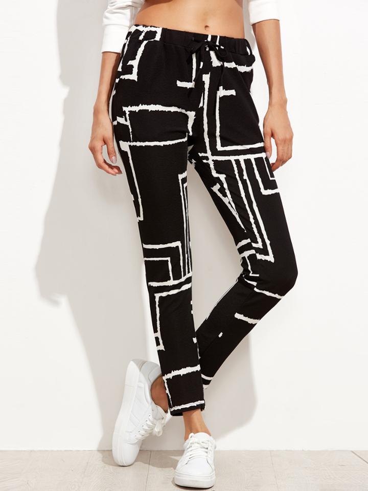 Romwe Black Geometric Print Drawstring Pants