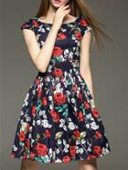Romwe Navy Elastic-waist Floral A-line Dress