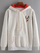 Romwe Hooded Drawstring Deer Embroidered Grey Sweatshirt