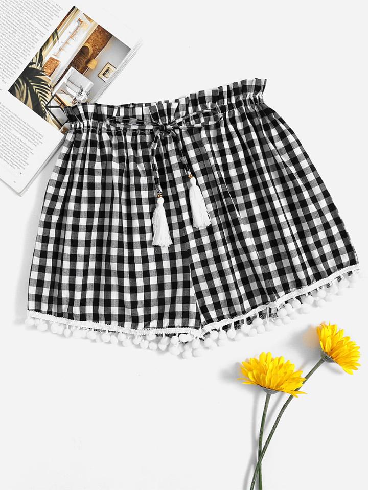 Romwe Gingham Print Drawstring Waist Pompom Hem Shorts