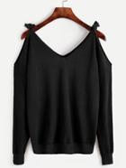 Romwe Black Tie Cold Shoulder Sweater
