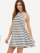 Romwe Black And White Striped Sleeveless V Neck Dress
