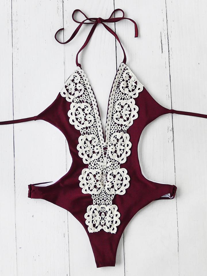 Romwe Contrast Crochet Plunge Neck Monokini