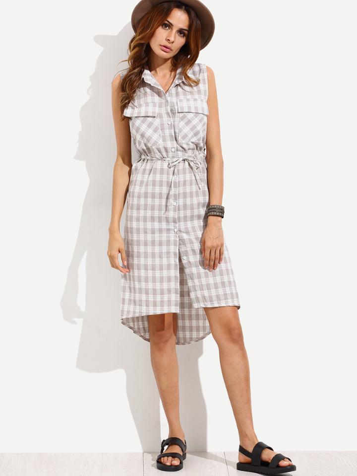 Romwe Grey Plaid Dip Hem Shirt Dress