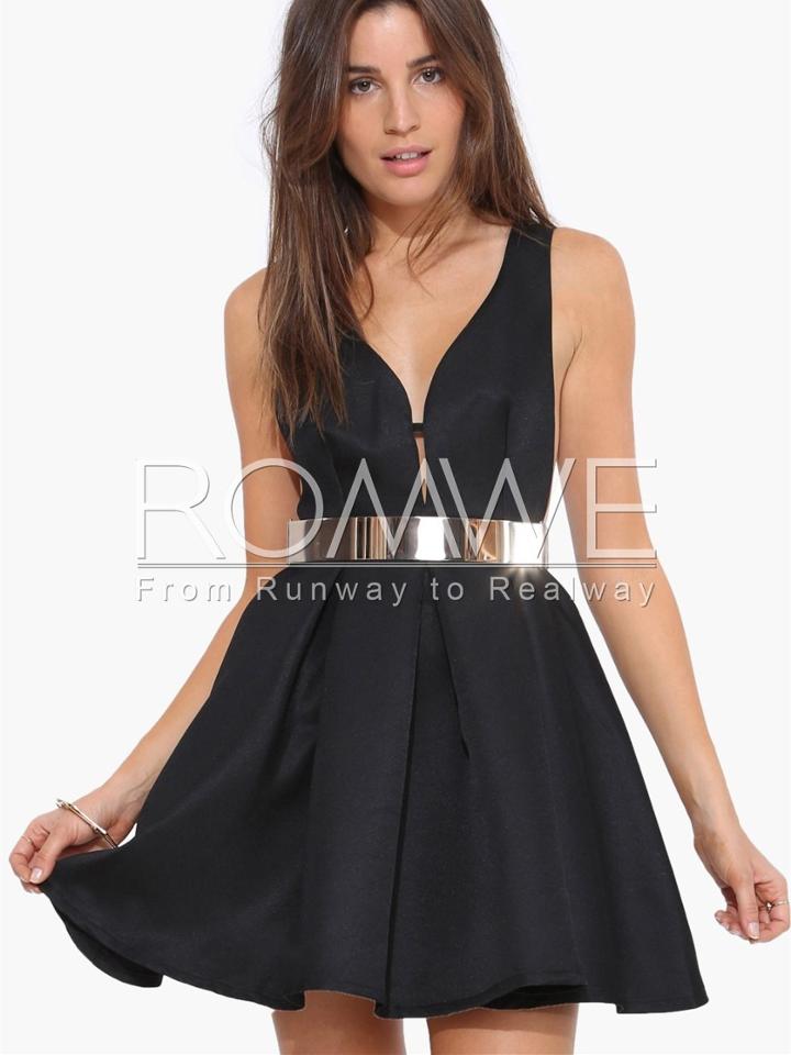 Romwe Black Sleeveless Backless Flare Dress