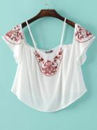 Romwe White Cold Shoulder Embroidery Crop Blouse
