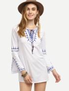 Romwe White Tie Neck Slit Sleeve Embroidered Dress