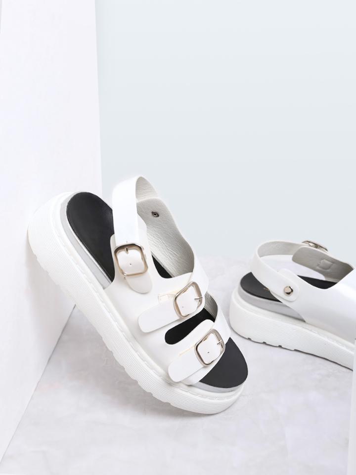 Romwe White Buckle Strap Pu Flat Sandals