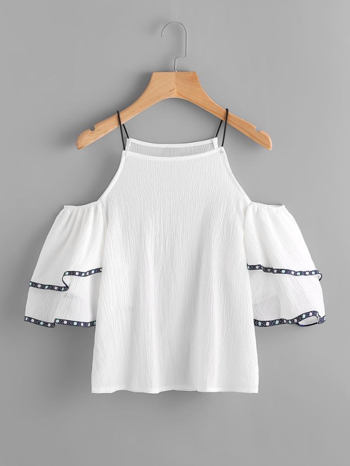 Romwe Open Shoulder Taped Trim Pleated Top