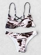 Romwe Mixed Print Cutout Back Bikini Set
