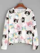 Romwe White Cat Print Zipper Front High Low T-shirt