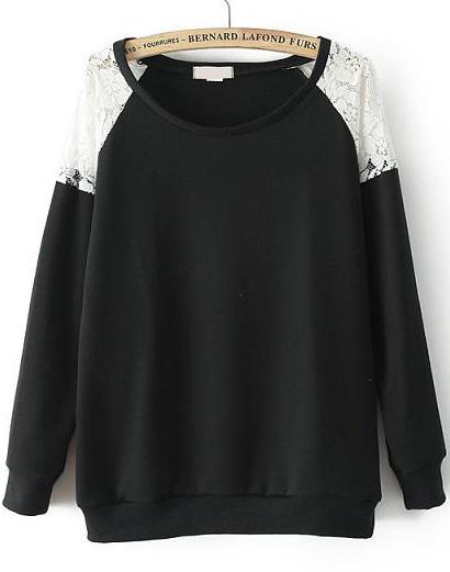 Romwe Contrast Lace Loose Black Sweatshirt
