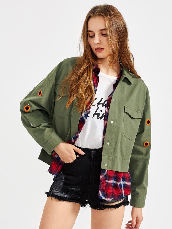 Romwe Grommet Detail Staggered Utility Jacket