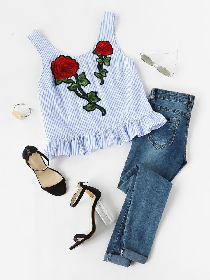Romwe Embroidered Rose Patch Ruffle Hem Striped Tank Top