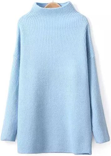Romwe Loose Blue Ribbed Sweater With Raglan Sleeve