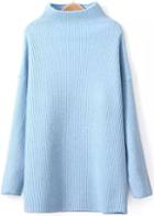 Romwe Loose Blue Ribbed Sweater With Raglan Sleeve