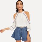 Romwe Embroidered Tape Detail Open Shoulder Blouse