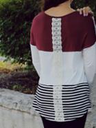 Romwe Long Sleeve Striped Contrast Lace Burgundy T-shirt