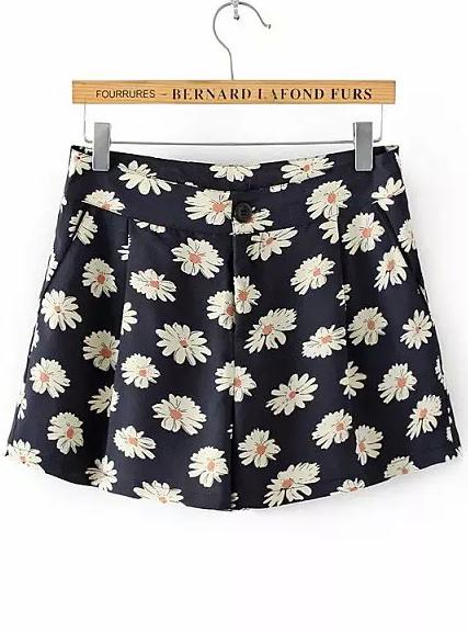 Romwe Black Sunflower Print Straight Shorts