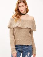 Romwe Light Khaki Off The Shoulder Ruffle Fuzzy Sweater
